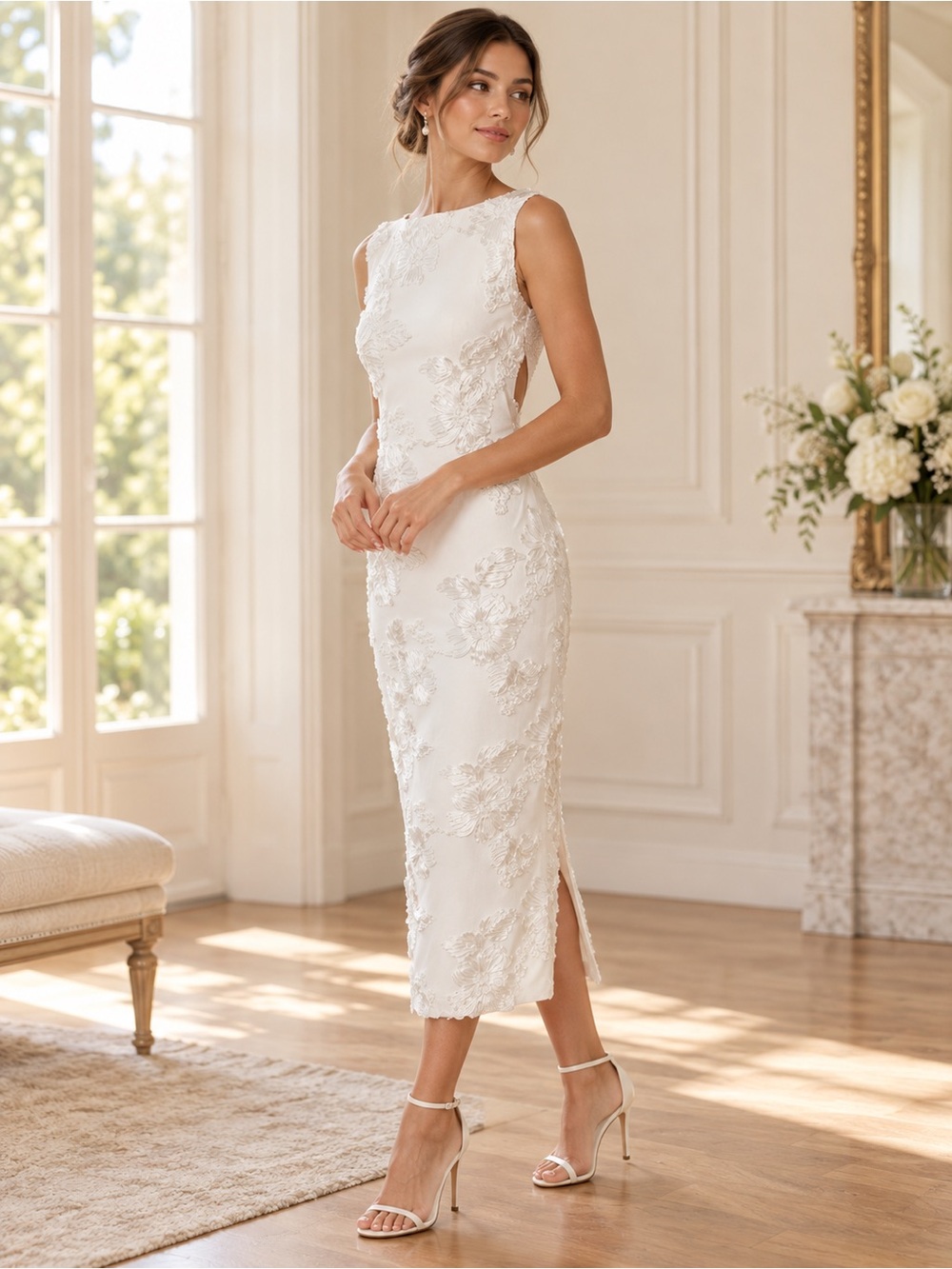 Lulus White Tonal Floral Embroidered Open Back Midi Dress XL